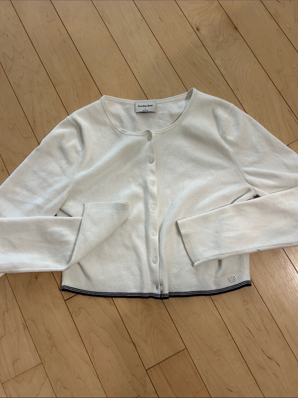 Sunday Best Cream Cropped Button Cardigan with Navy Trim